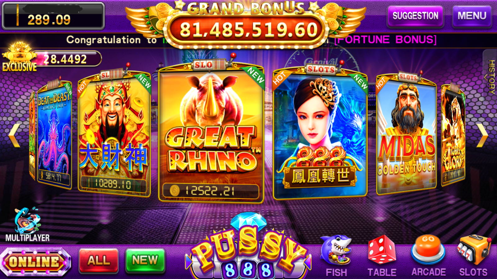 Pussy888 Game list Screenshot